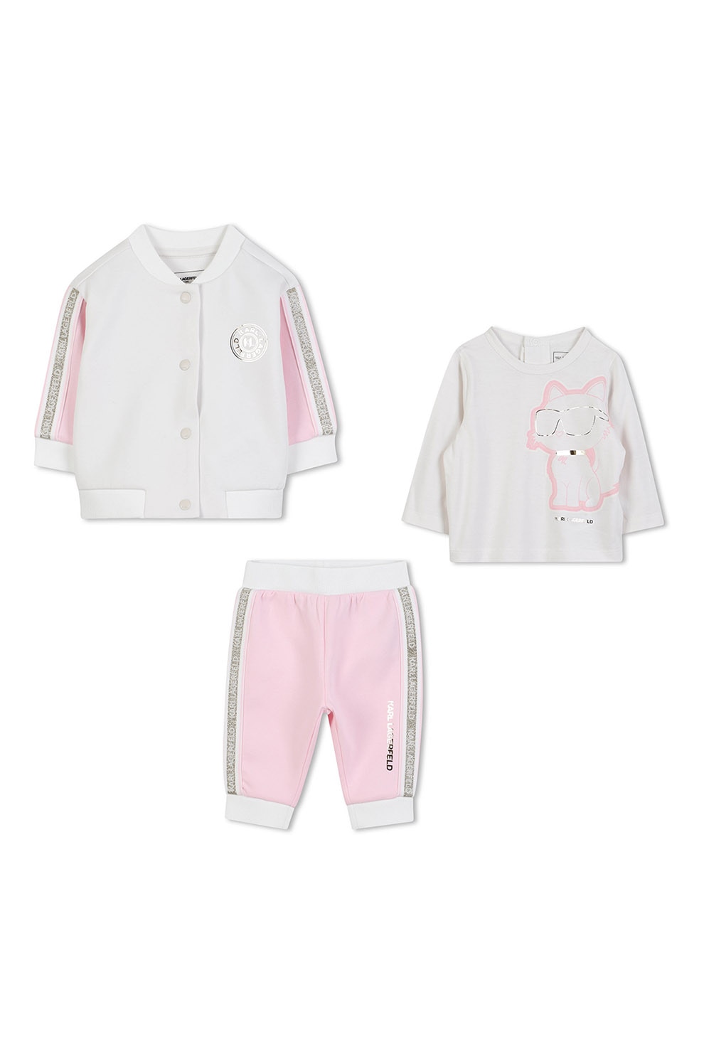 KARL LAGERFELD KIDS, Set de jacheta bomber, bluza si pantaloni, Alb murdar, Roz, 74 CM