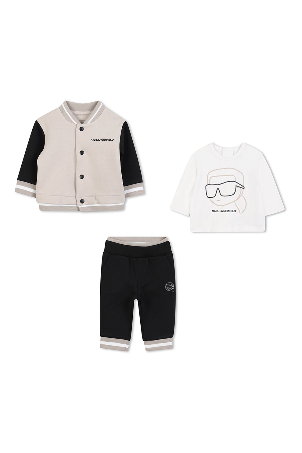 KARL LAGERFELD KIDS, Set de jacheta bomber, tricou si pantaloni de trening, Negru, Maro nisip, 86 CM