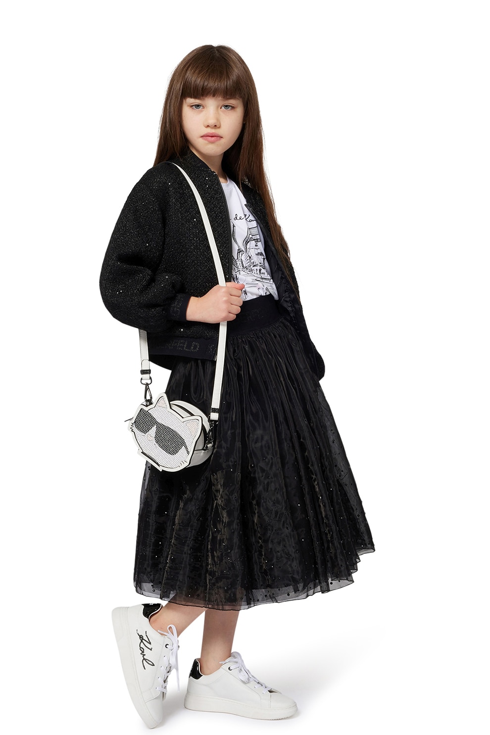 KARL LAGERFELD KIDS, Tricou din bumbac si modal cu imprimeu, Negru, Alb murdar, 162 CM