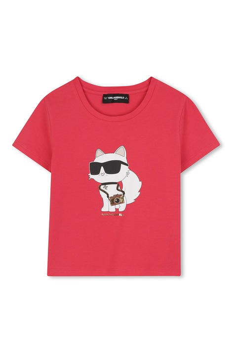 KARL LAGERFELD KIDS, Kerek nyakú logómintás póló, Fehér/Korallszín