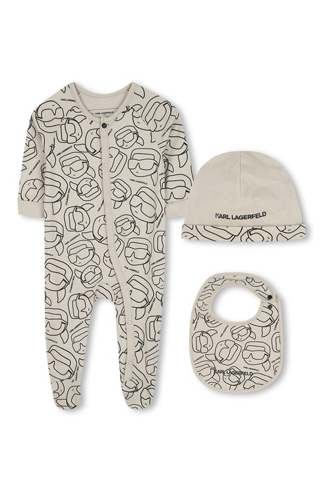 KARL LAGERFELD KIDS, Гащеризон с лого, шапка и лигавник - 3 части, Черен/Бежов