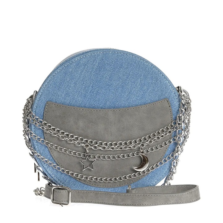 Geanta rotunda din denim cu lanturi si charm-uri metalice, Meli Melo Paris