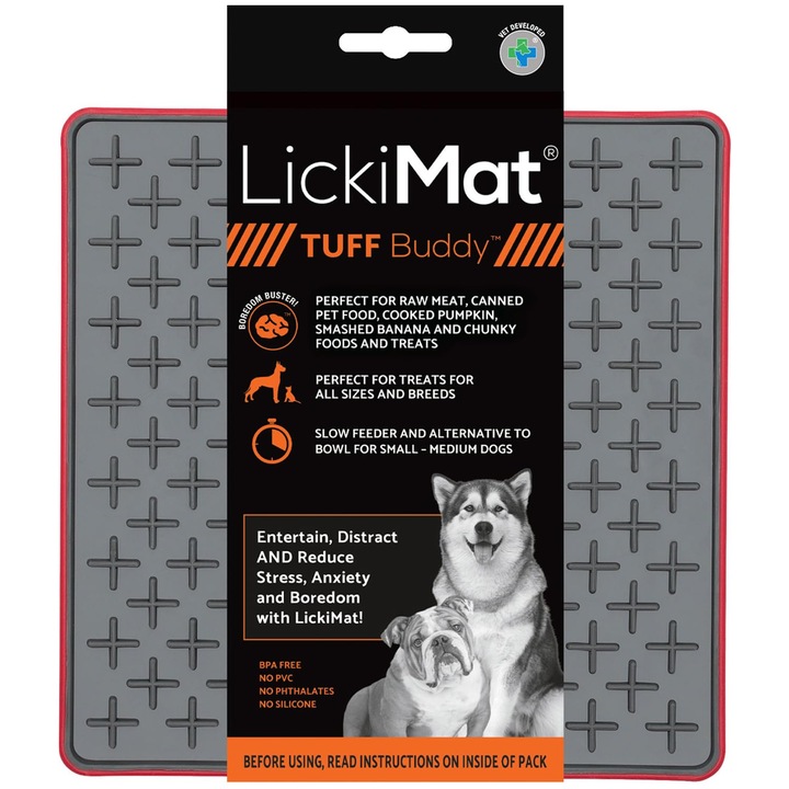 LickiMat Tuff lassú etetőtál, piros, 22x30cm méretű, tartós