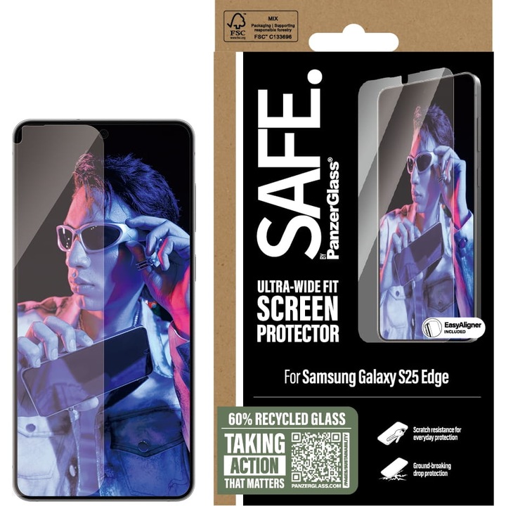 Sticla PanzerGlass SAFE Screen Protection Ultra-Wide-Fit Easy Aligner pentru Samsung Galaxy S25 Edge, transparenta