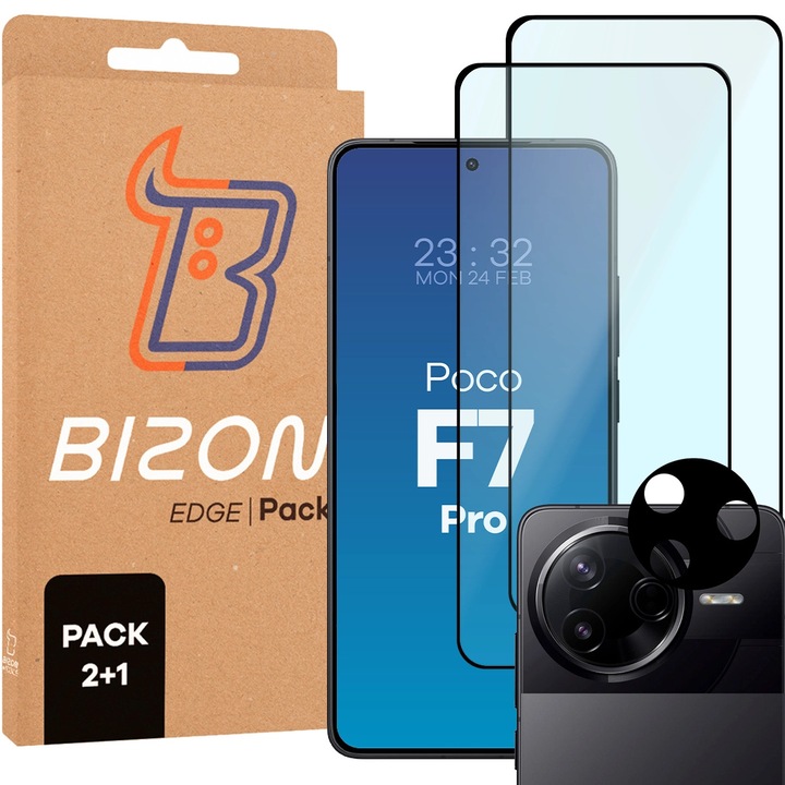 Set 2x Sticla + sticla pentru camera Bizon Glass Edge 2 Pack pentru Xiaomi Poco F7 Ultra, transparenta