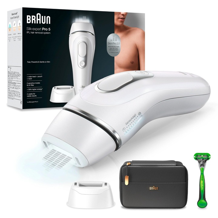 Епилатор Braun IPL Silk Expert Pro 5, 2 аксесоара, бял/сребрист, 1 ножче