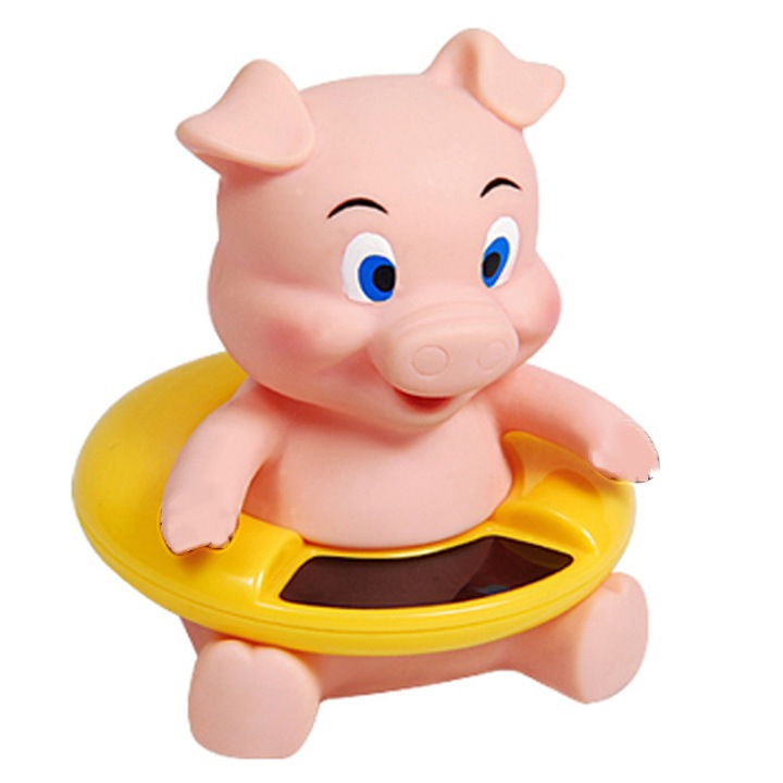 MCK-08182252 babafürdő hőmérő, úszó malac figura ABS-ből és szilikonból, digitális LED kijelző, rózsaszín/sárga, 8.5 x 9.5 cm