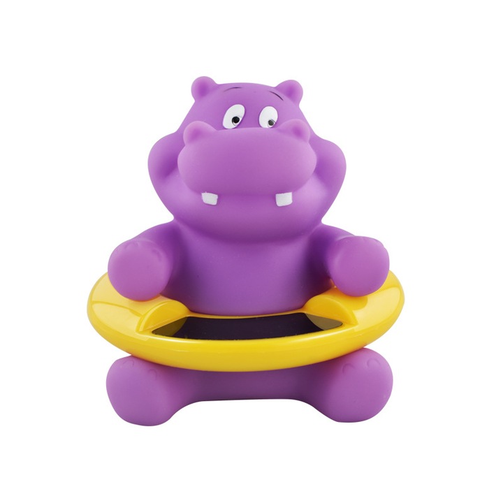 MCK-08182251 baba fürdőhőmérő, úszó víziló játék digitális LED kijelzővel, lila/sárga, 8.5 x 9.5 cm