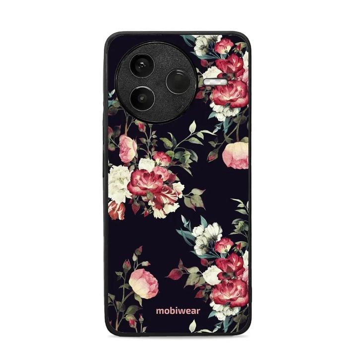 Carcasa Mobiwear Glossy pentru Xiaomi POCO F7 Pro 5G, design flori pe fundal negru, rezistenta la socuri si zgarieturi, multicolor
