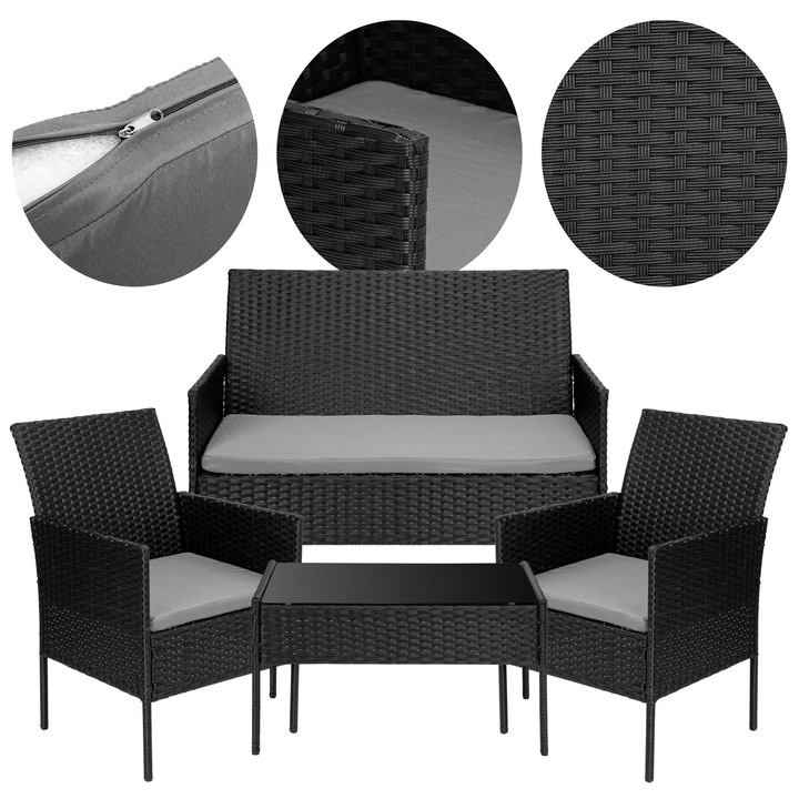 Set mobilier gradina MAGNOLIA, 4 piese, tehnorattan negru, perne gri, pentru terasa, auto-montare