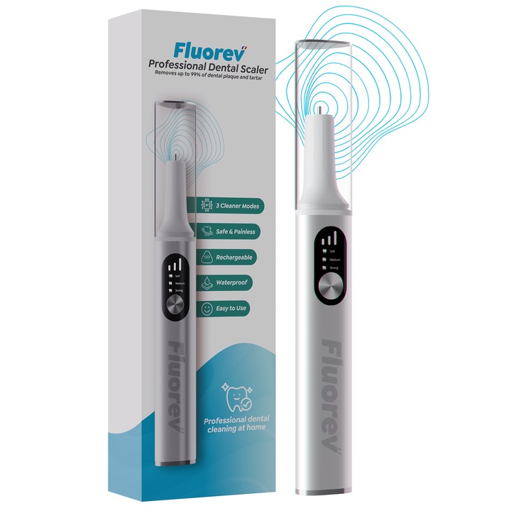FLUOREV ultrahangos fogkőeltávolító, fogkőeltávolító és fogtisztító készülék, 3 állítható sebességfokozattal, LED világítással, USB Type-C, 2000 mAh, fogászati tükörrel, intelligens védelemmel az íny károsítása nélkül
