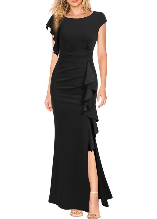 Изключително дълга дамска рокля, Ronyes, Полиестер, Елегантна, Черна, Черен