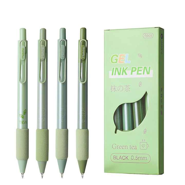 Set de 4 pixuri cu gel retractabile, TREXORA, 0.5mm, cerneala neagra, corp verde, pentru birou si scoala