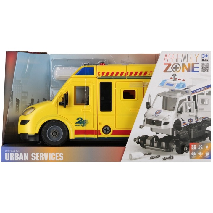 Мега креативно спасително превозно средство, със звукови и светлинни ефекти, 32x15x13 см, комплект с отвертка и 2 сменяеми накрайника