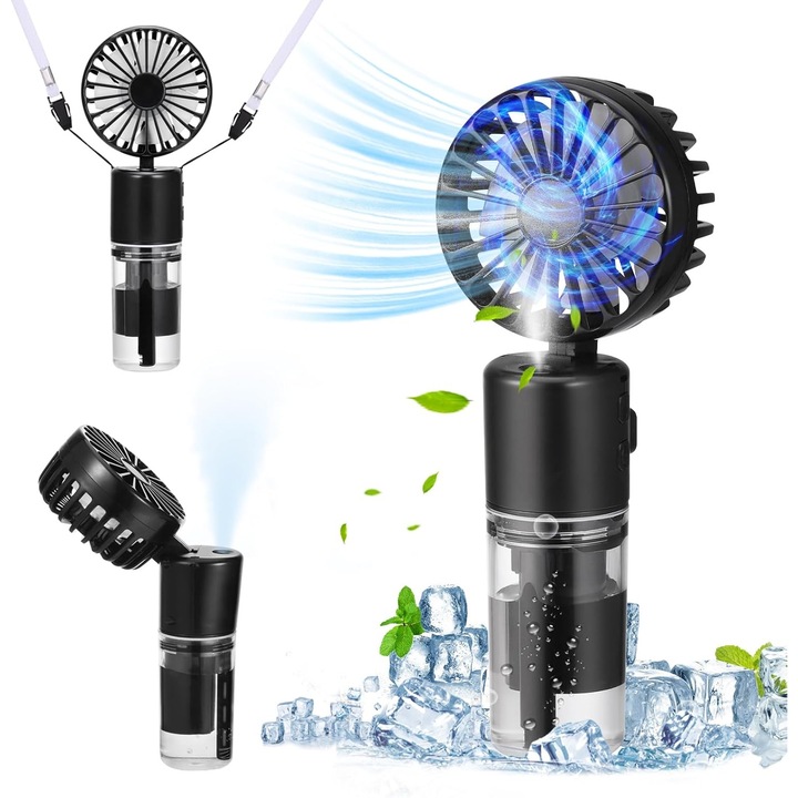 Вентилатор, преносим, спрей, ръчен, настолен, за врата, 4 скорости, сгъваем, 4000 mAh, с включен USB Type C кабел, ‎6.8 x 6.8 x 15.7 см, 150 г, черен