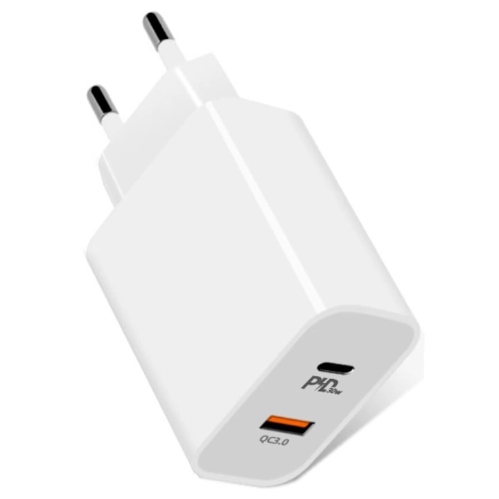 Gyorstöltő 30W, kétportos, USB-C és USB-A, fehér, 9x4,7x3cm