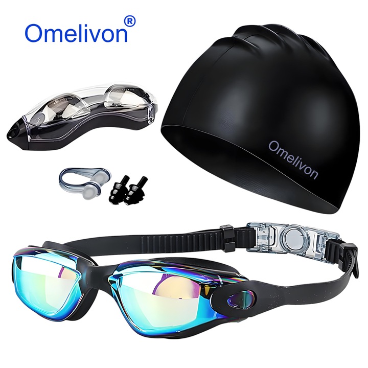 Set de inot cu ochelari, casca, clema nazala si dopuri pentru urechi, Omelivon, negru