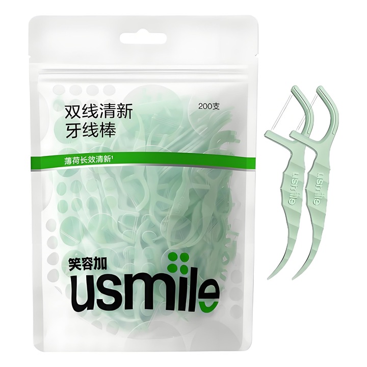 200 ate dentare, design cu caluti de mare, prindere confortabila, aroma de menta, Usmile®, verde, curatare profunda, antiseptic, ambalaj, 8 cm