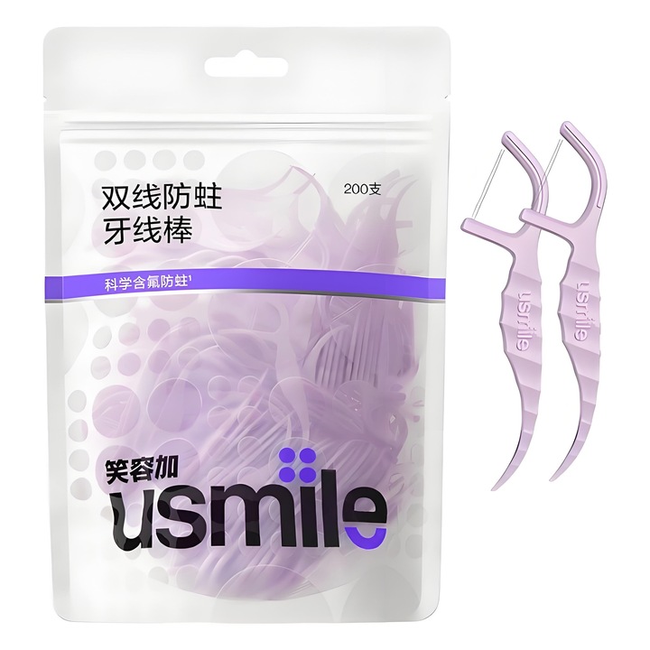 Set 200 ate dentare, Usmile, design calamar, aroma de menta, maner ergonomic, 8 cm