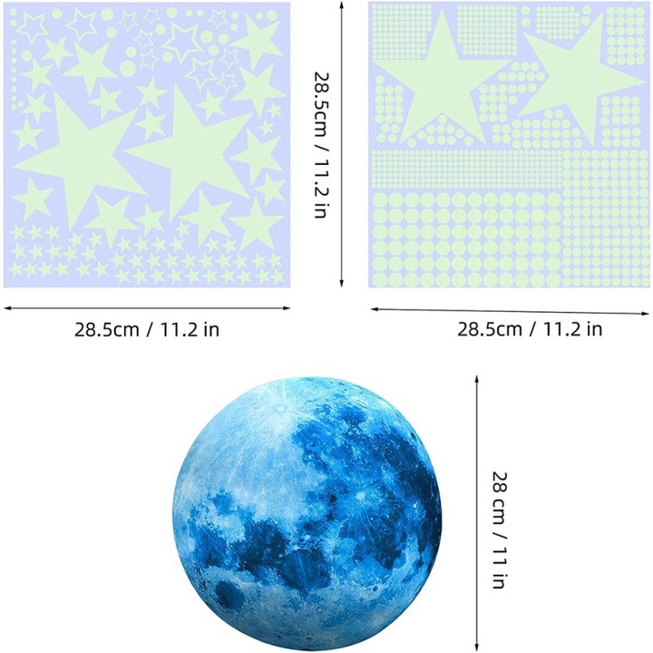 Set de stickere decorative care stralucesc in intuneric, stickere de perete, stickere de tavan - Luna si stele, PVC, multicolor
