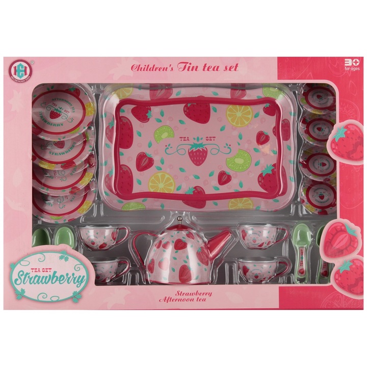 Комплект кухненски прибори Mega Creative от метал, 4 чинии, 4 чаши, 1 чайник, 1 поднос, 3 години, 24x2x16см