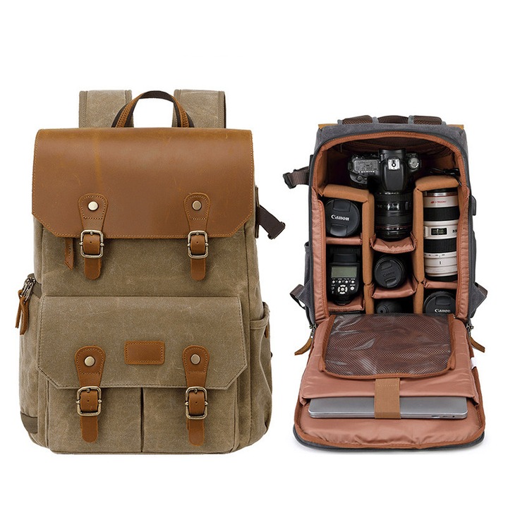 Rucsac foto Rqiurpn, Cu USB external charging port, design vintage, impermeabil, compartimentat, 30L, Inchidere cu fermoar, Kaki, 32x22x42cm