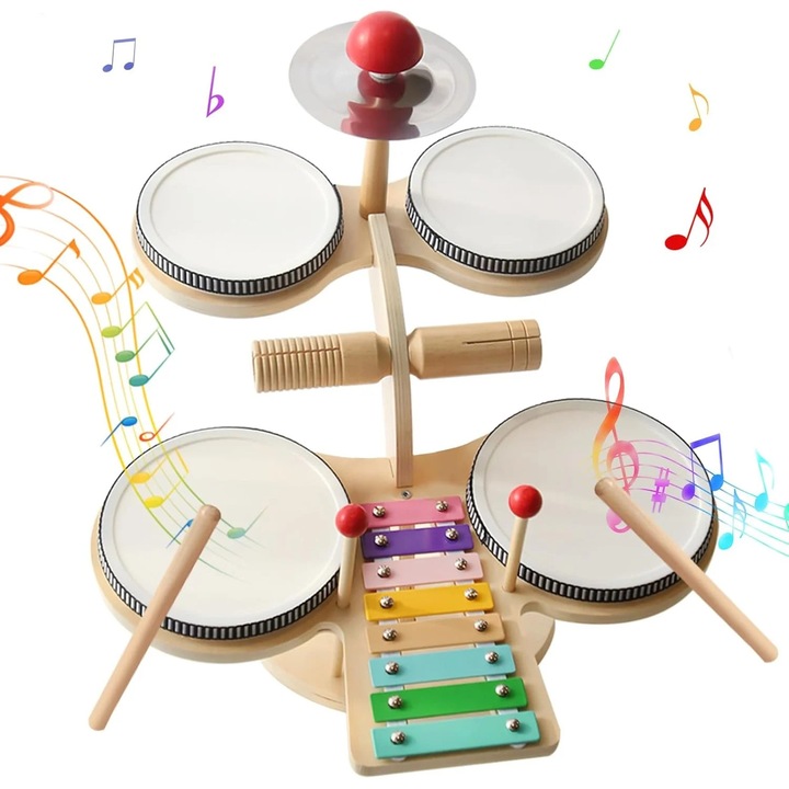 Set Muzical Montessori cu Tobe și Xilofon, Joynix, Lemn, Dimensiuni ideale