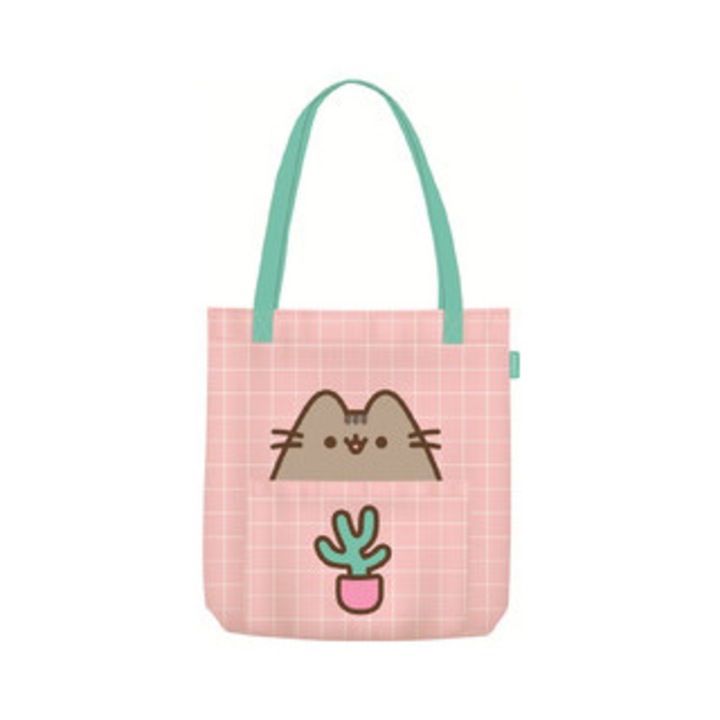 Geanta Pusheen, St.Majewski, roz, din bumbac organic, cu manere lungi, cu fermoar, reutilizabila