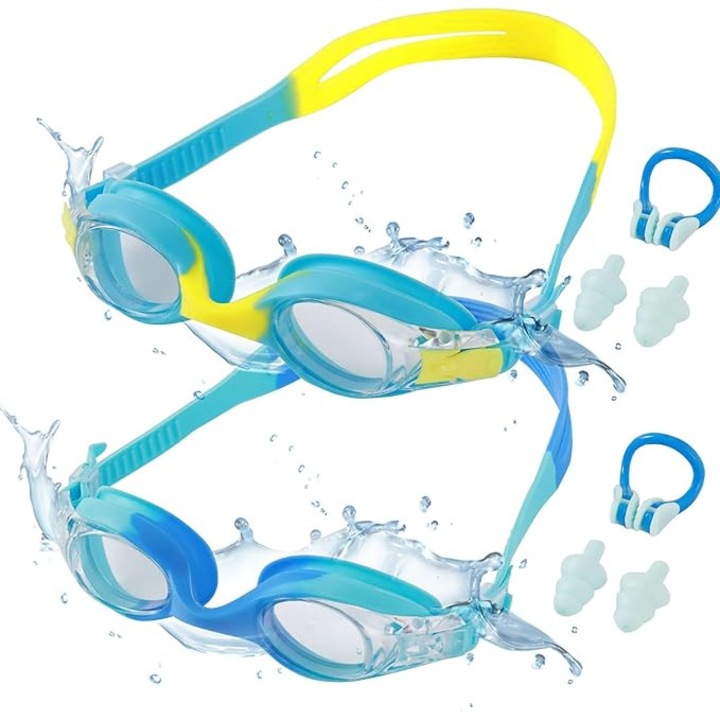 2 darabos úszószemüveg készlet gyerekeknek, polikarbonát/szilikon, páramentes, állítható méret, 3-16 éves korig, tartozékokkal, kék/sárga