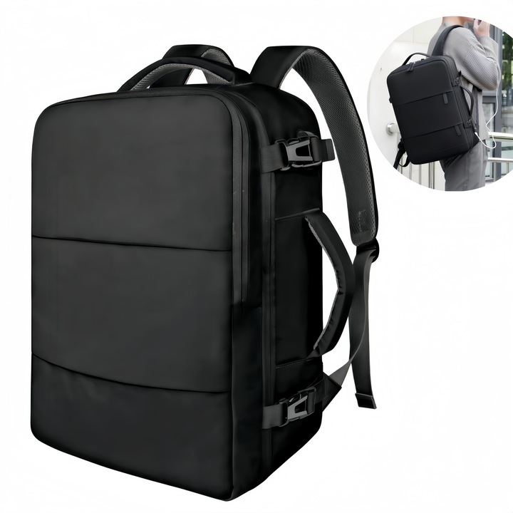 Rucsac multifunctional, Wacorresi®, Rucsac de voiaj unisex, Rucsac de calatorie pentru laptop, Rezistent la apa, capacitate mare, design cu port USB, Design ergonomic, confortabil de transportat, 38x52x12cm, negru