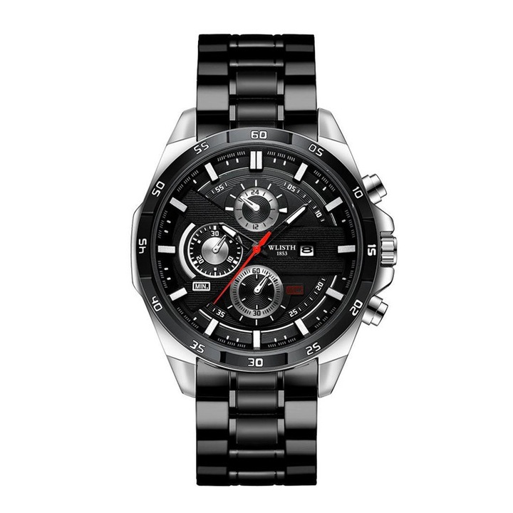 Мъжки часовник Wlisth, кварцов, водоустойчив, каишка от неръждаема стомана, черен циферблат, 47 мм