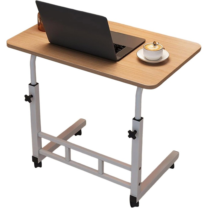 Birou mobil multifunctional cu rotile, awwaline, maro, ajustabil pe inaltime, blat lemn, ideal pentru laptop, teme, mic dejun la pat, 80 x 40 x 60-85 cm