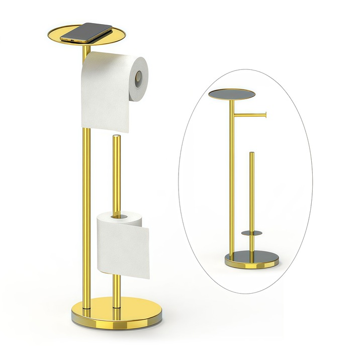Suport pentru hartie igienica, Wacorresi®, 3 in 1，Suport Hartie Igienica cu raft, Design Modern, Multifunctional, Inox, Robust si durabil, colturi rotunjite, usor de curatat, recomandat pentru instalare, usor de extras, 65.5x18x20cm, Aurit