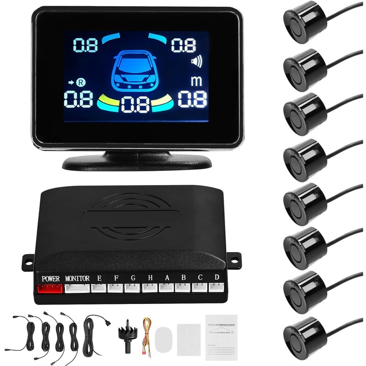 Kit senzori de parcare, WALALLA, sistem radar fata si spate cu 8 senzori, moduri de alarma multiple, precizie de detectie 300-2500mm, display LCD, culoare neagra