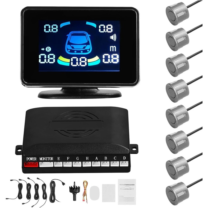 Kit senzori de parcare, WALALLA, sistem fata si spate cu 8 senzori, moduri de alarma multiple, precizie de detectie 300-2500mm, display LCD, culoare gri