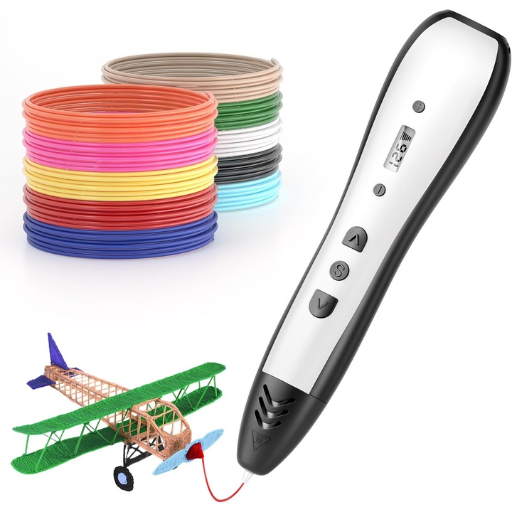 Комплект 3D химикалка, WALALLA, 10 цвята PLA филамент, LED дисплей, 6 скорости, за деца 8-12 години