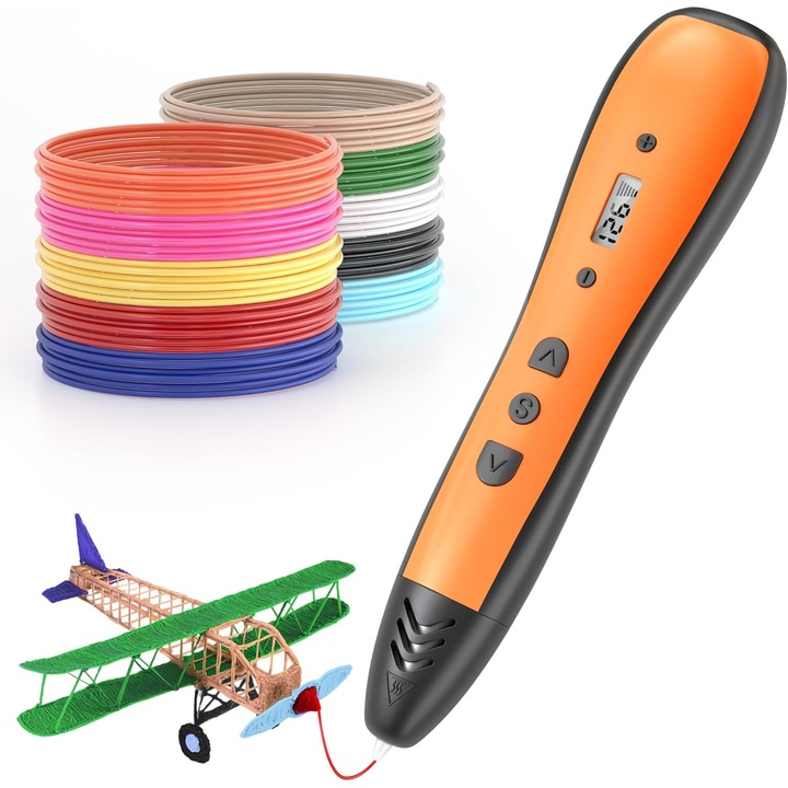 Комплект 3D химикалки, WALALLA, 10 цвята PLA филамент, LED дисплей, 6 скорости, оранжеви, за деца 8-12 години