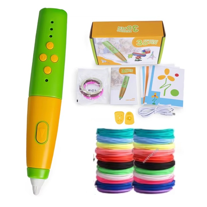 Комплект 3D писалки, WALALLA, 17 ролки PCL филамент, зелени, 1.75 мм, безопасни за деца