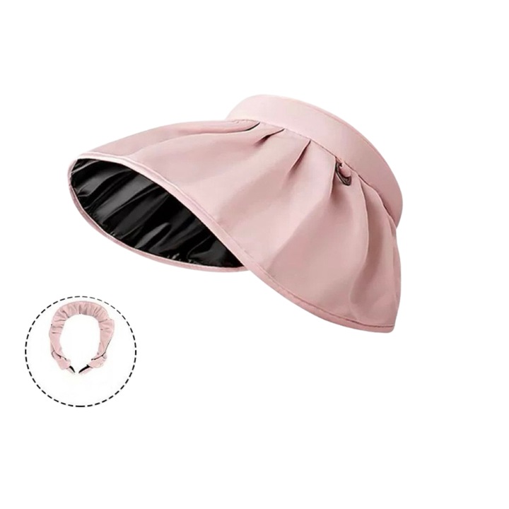 Palarie de soare 2 in 1 tip scoica, poliester, protectie UV, roz, pliabila