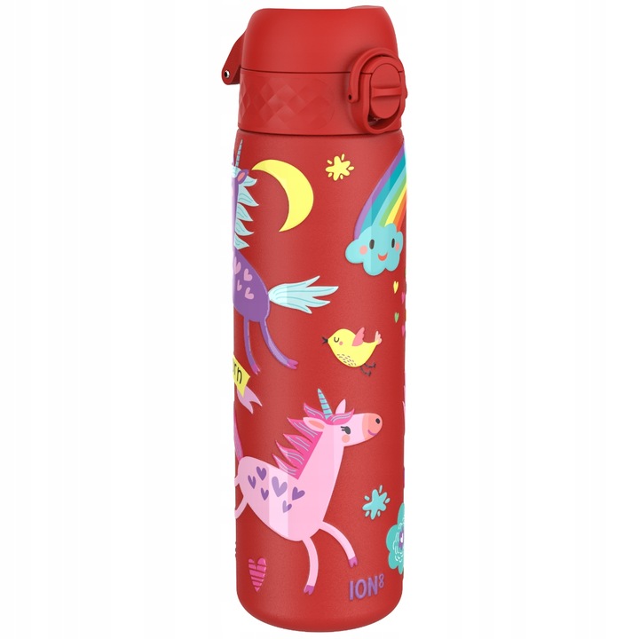 Bidon sportiv Ion8 Unicorns, 600 ml, rosu, design compact, din otel inoxidabil