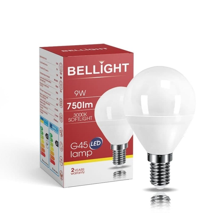 Bec LED BELLIGHT G45, 9W, 3000K, E14, forma glob, lumina calda