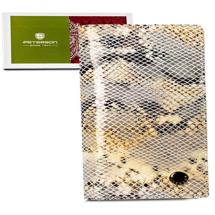 Portofel De Dama Din Piele, Peterson, Model Piele De Sarpe, 10x19x2.5 cm, Sistem RFID Incorporat, 1 Compartiment Pentru Monede Cu Fermoar, 12 Sloturi Pentru Carduri, Bej