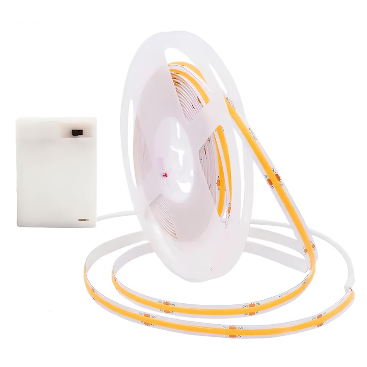 Комплект LED ленти Belkrone®, топло бяла, 3000K, COB технология, 360 LED/м, равномерно осветление, бутон за включване/изключване, топла бяла светлина, самозалепваща се, захранвана от батерии, 3 x AA, 1 м
