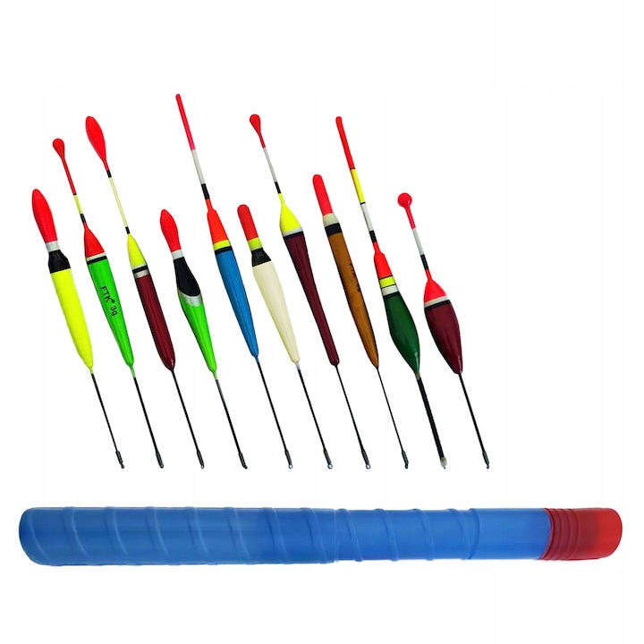 Комплект от 10 балсови плувки с пластмасова тръба за съхранение, 12-23 см, 3-5 г