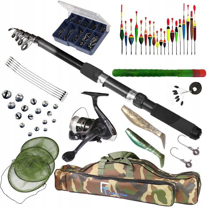 Komplett horgászkészlet, Fishing Time, 2,4 m, 20 úszó, tartozékokkal, többszínű