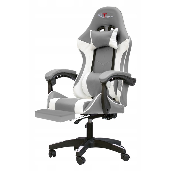 GT EXTREME gamer szék, masszázs funkcióval, ekológikus bőr, szürke-fehér, lábtartóval