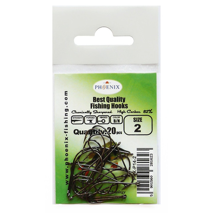 PHX-P14-2 horgászhorog készlet, 20 darabos, szénacél, #14, nyers/nikkel
