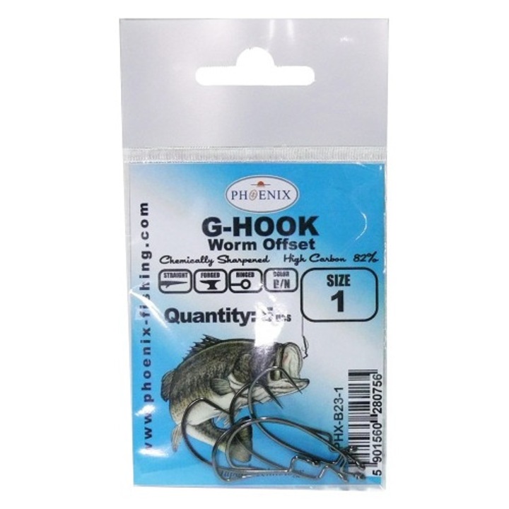OFFSETOWE G-HOOK PHX-B23-1 horgászhorog, 5 db, szénacél, kémiailag élezett