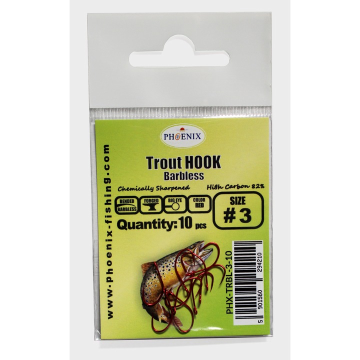 Szakáll nélküli horgászhorog készlet, PHX-TRBL, 10 db, piros, #3