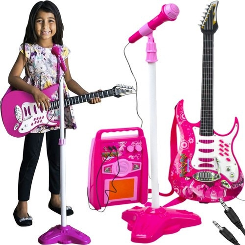 Set instrumente muzicale de jucarie, chitara roz, microfon cu